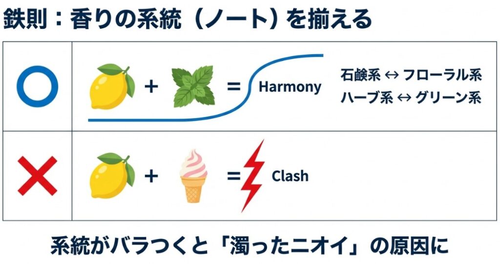 石鹸系とフローラル系、ハーブ系とグリーン系など、相性の良い洗剤と柔軟剤の香りの系統をまとめた図解