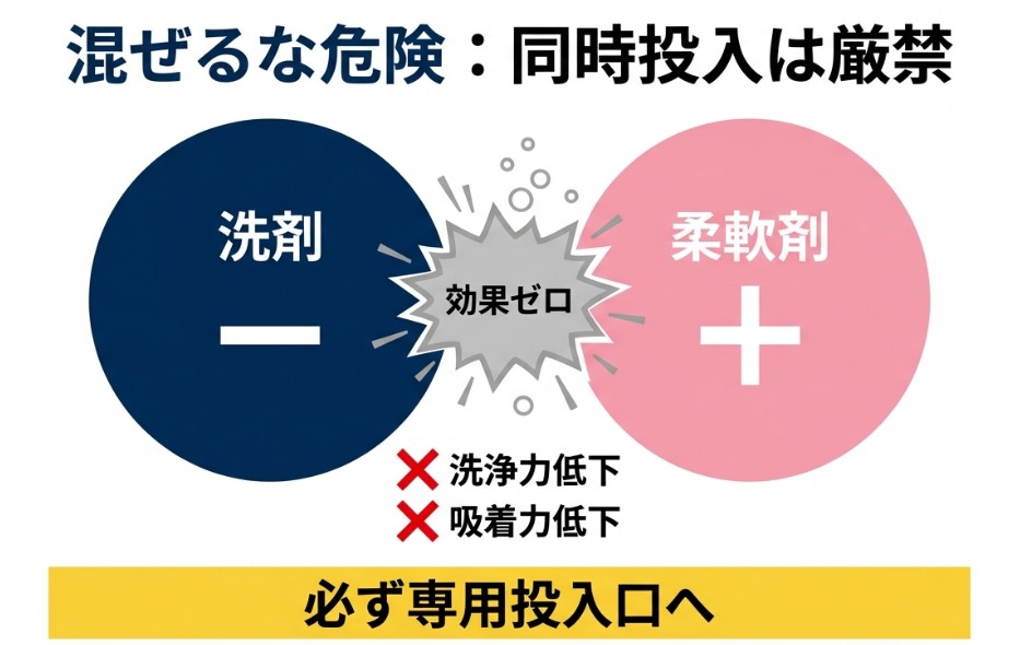 洗剤の陰イオンと柔軟剤の陽イオンが混ざると中和反応で効果がなくなる仕組みと、正しい投入タイミングの解説図