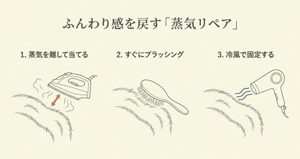 スチームアイロンの蒸気を当て、ブラッシングし、ドライヤーの冷風で固定する「蒸気リペア法」の手順図解