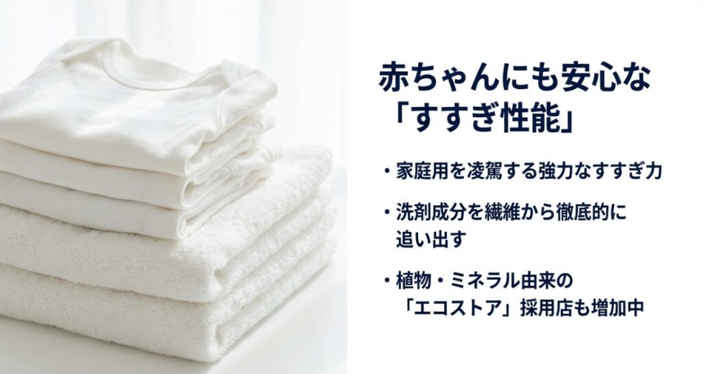 家庭用を凌駕するすすぎ力と、植物・ミネラル由来の「エコストア」採用店増加について説明