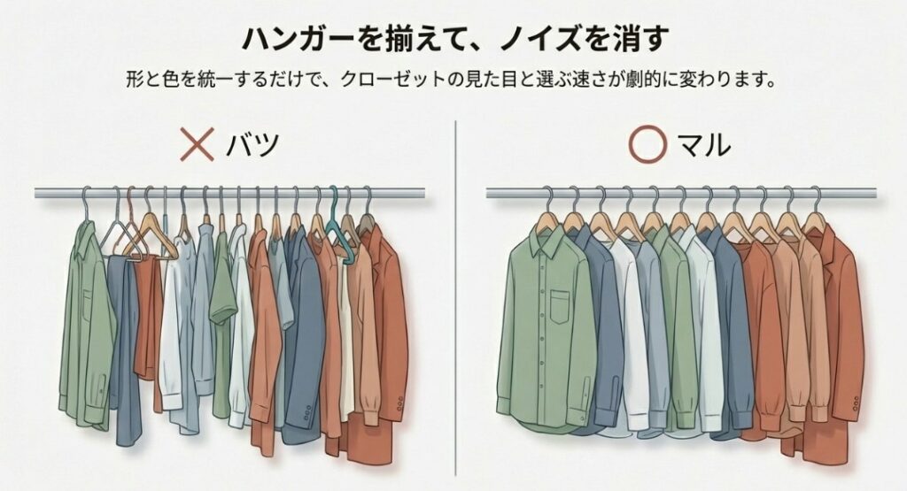 バラバラのハンガー（×）と、統一されたハンガー（◯）の比較図。形と色を揃えることでノイズが消え、視認性が劇的に変わる