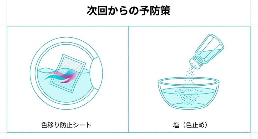色移り防止シートが染料を吸着するイメージと、塩を使った色止めの方法（水＋塩）を紹介するガイド図