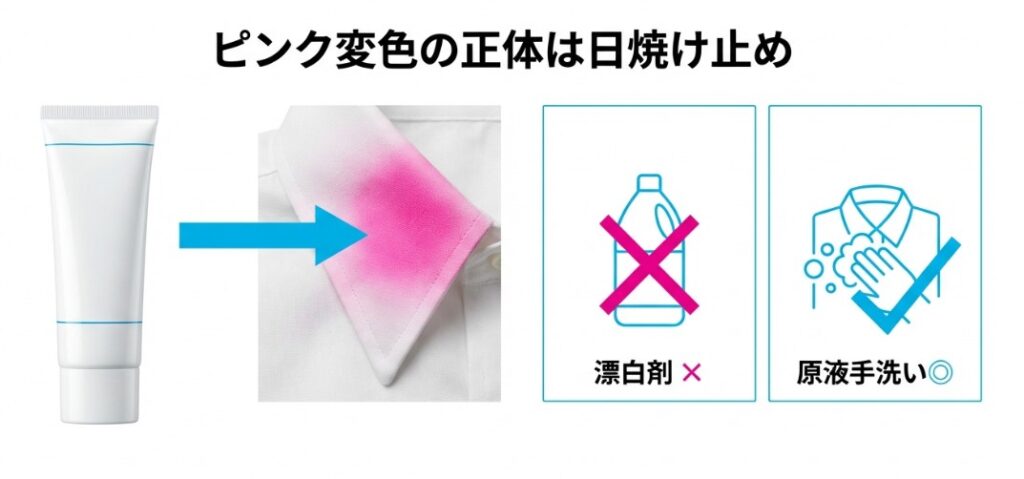 白いシャツの襟元がピンクに染まる様子と、その原因が日焼け止めの成分と漂白剤の反応であることを示す解説図