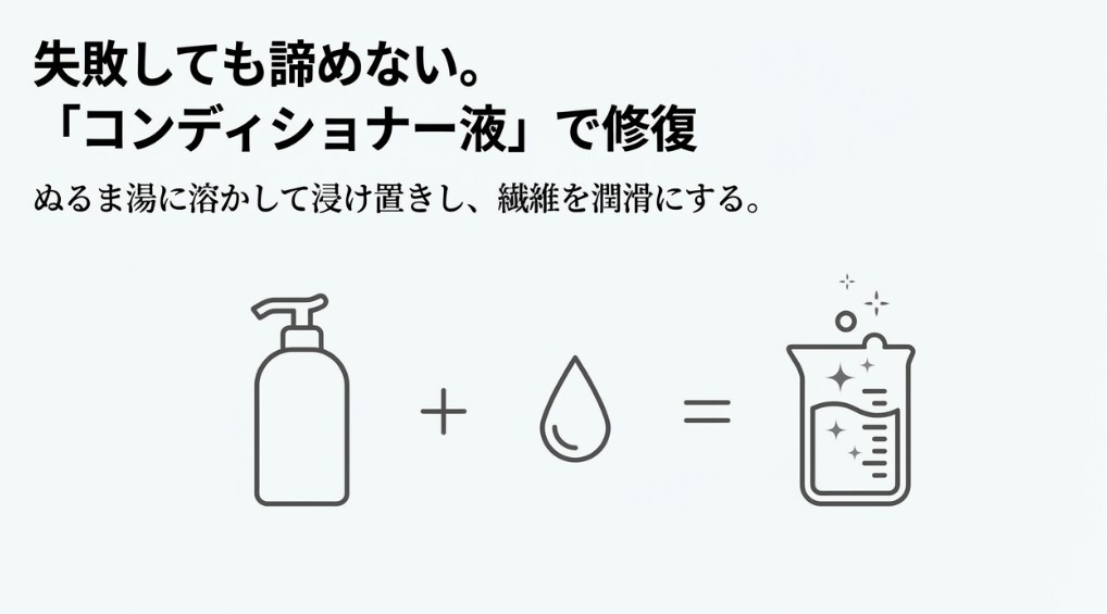 シリコン成分で繊維の摩擦を下げるための、コンディショナー・柔軟剤・水