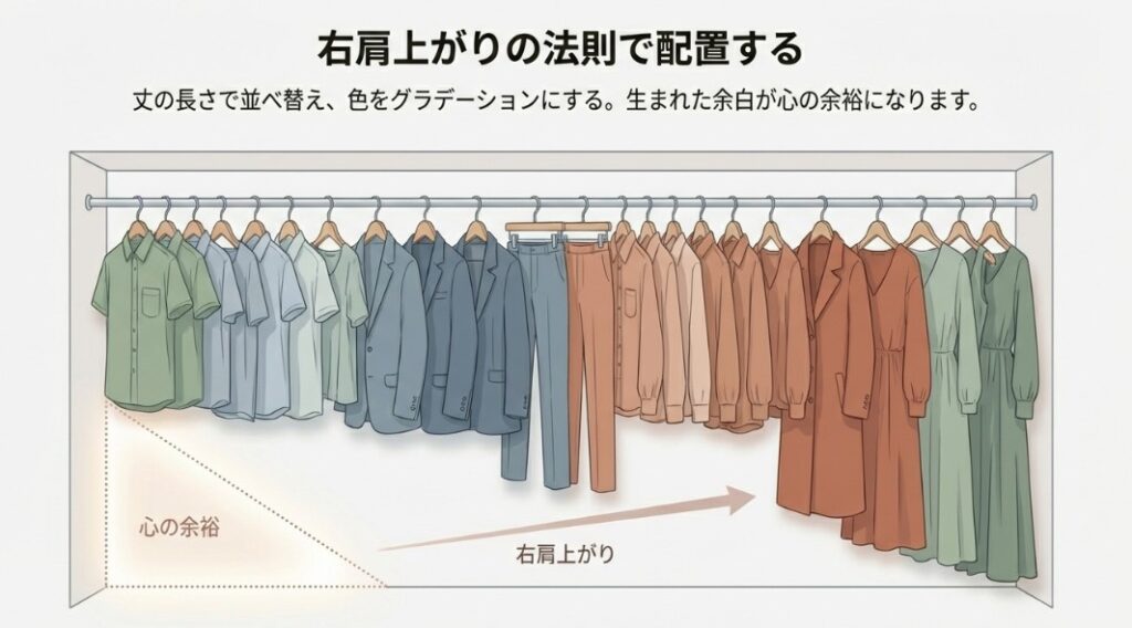 丈の長さを左から右へ短くなるように並べ、色をグラデーションにしたクローゼットの図。「右肩上がりの法則」で配置することで心の余裕が生まれることを説明