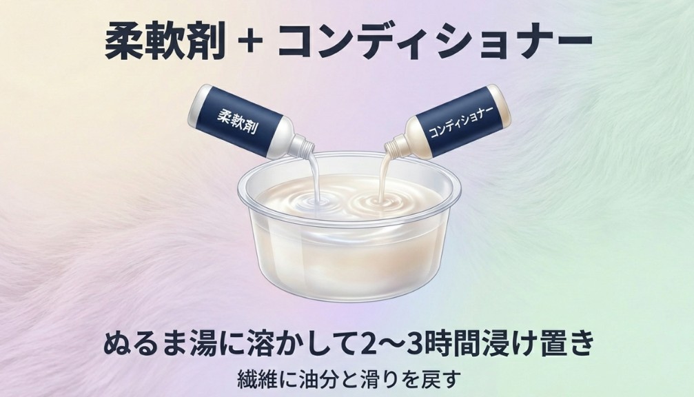 合成繊維に柔軟剤の膜が張り、静電気を抑えて毛並みが整う様子