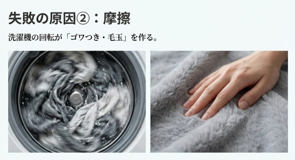 洗濯槽内の回転と摩擦によってパイル同士が絡まり、束状に固まってしまうメカニズムと洗濯ネット活用の重要性