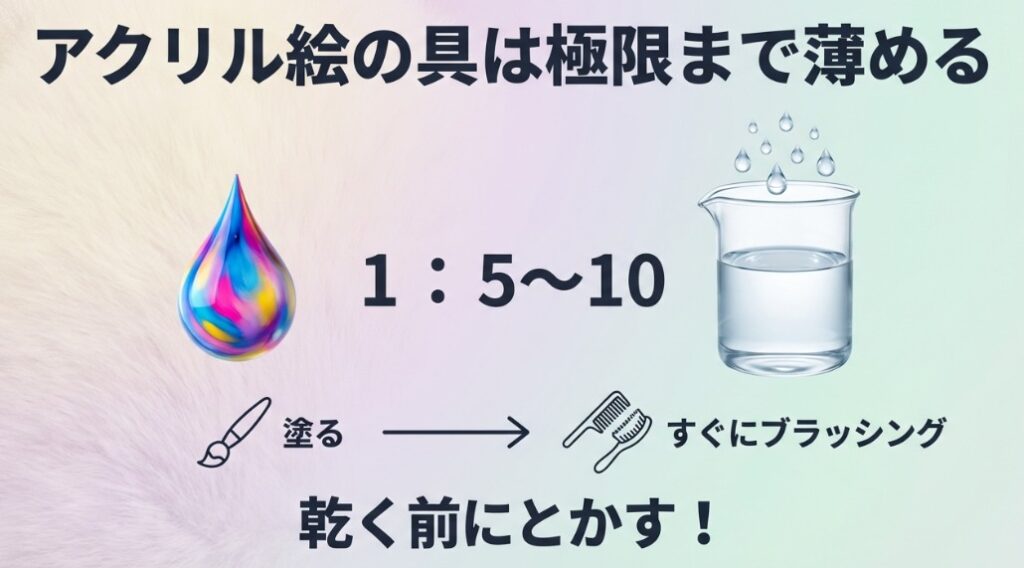 絵の具1に対し水5〜10倍の希釈イメージと、塗布直後のブラッシング作業を強調