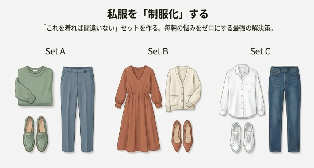 ワンピース、カーディガン、パンプスをセットにしたイラスト。「これを着れば間違いない」というセットを作ることで、毎朝の悩みをゼロにする「制服化」の提案