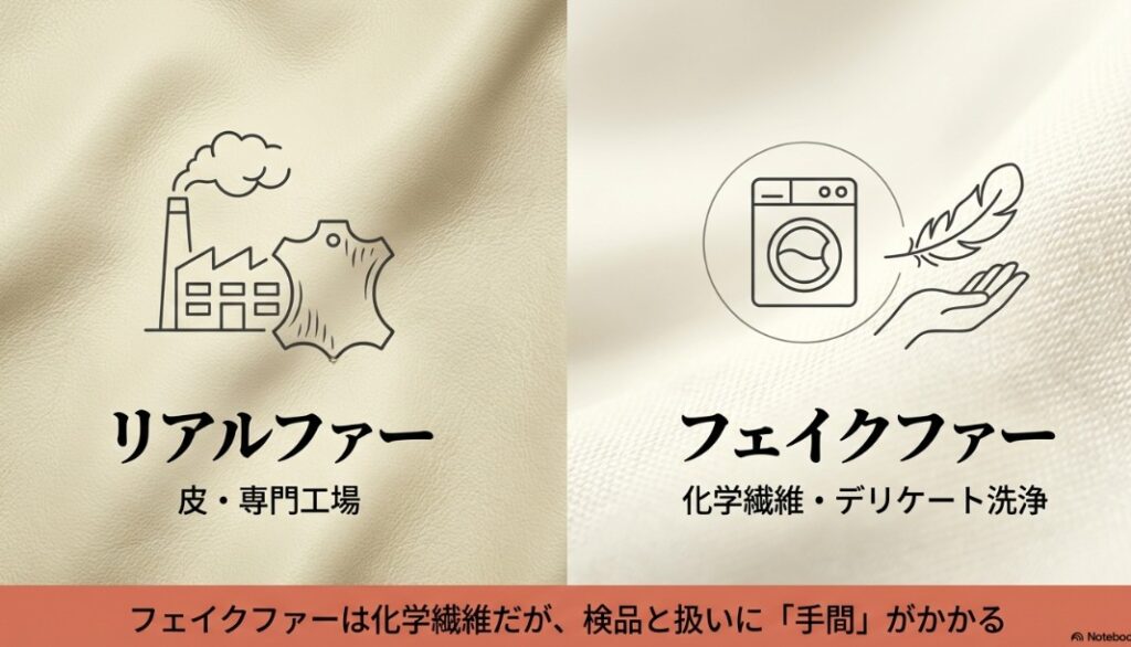 リアルファーは「毛皮専門工場」で特殊洗浄、フェイクファーは「一般工場」でデリケート洗浄を行うという違いを比較