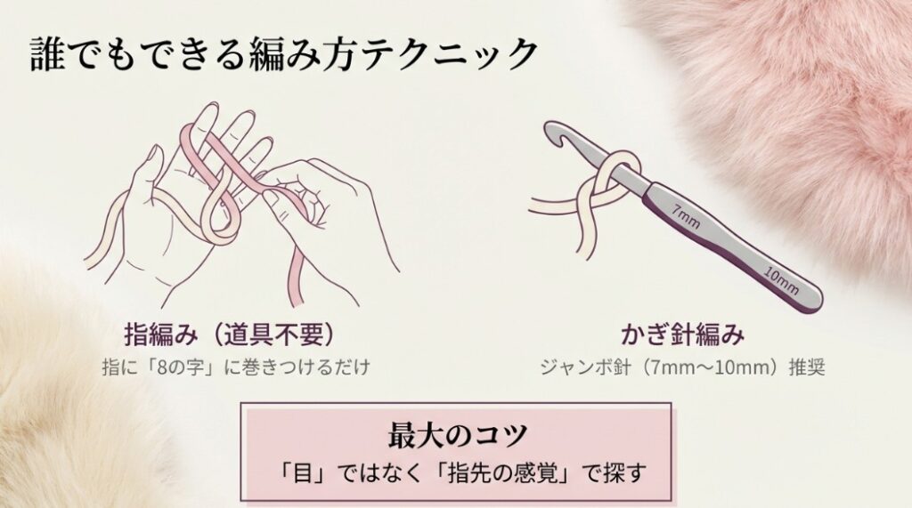 指に糸を8の字にかけ、順に被せていく指編みの基本動作をステップバイステップで示したガイド。