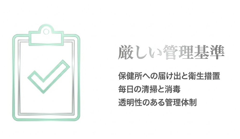 保健所の定める厳しい清掃基準と管理の仕組み