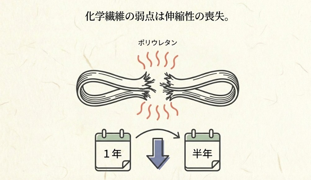 ストレッチ素材に含まれるポリウレタンが熱で分子鎖を切断され、脆化（ぜいか）する仕組みを解説