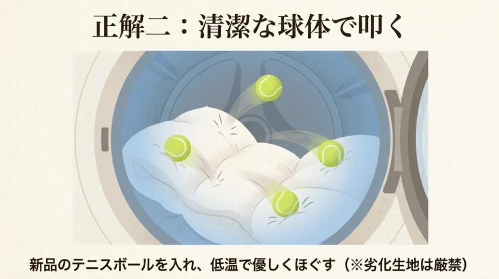 テニスボールを使って羽毛をふわふわに復元する技