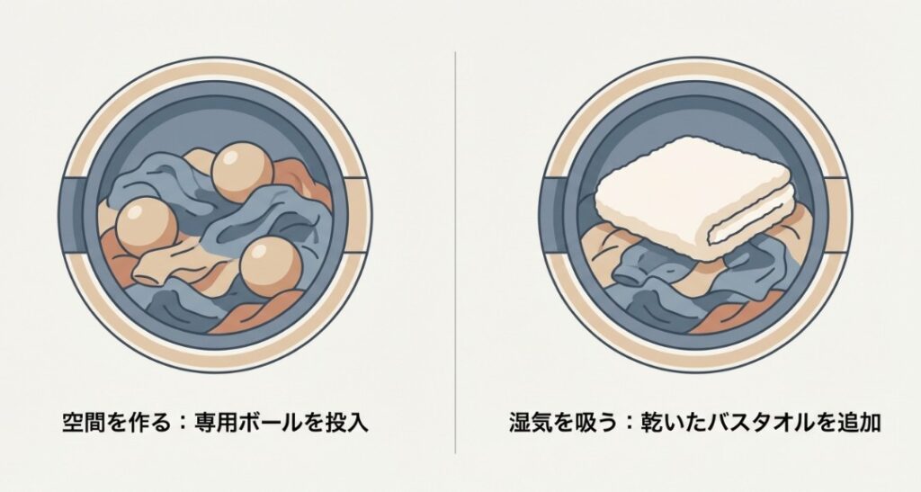 ドライヤーボール、バスタオル活用