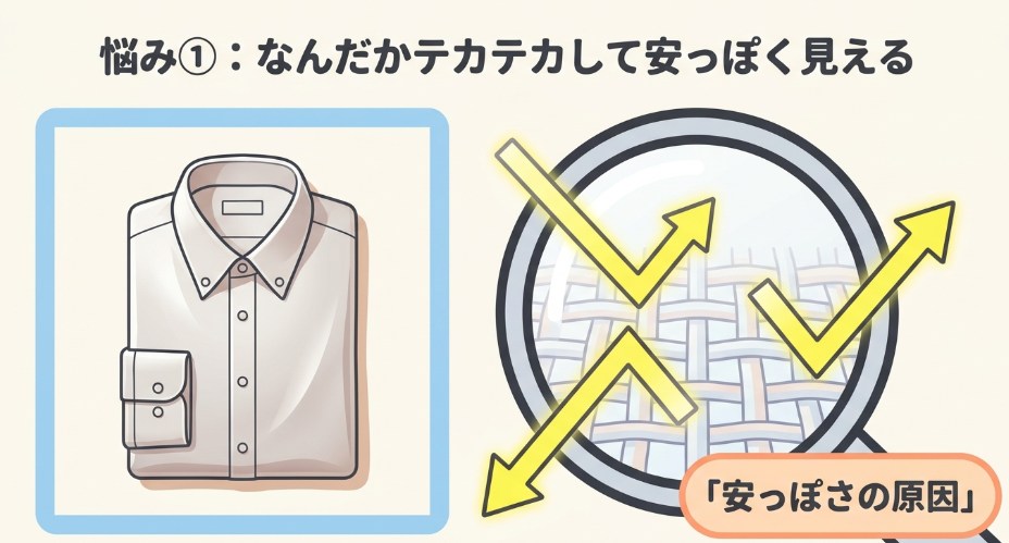 繊維の拡大図を用いてポリエステルシャツがテカテカして安っぽく見える原因を解説するイラスト