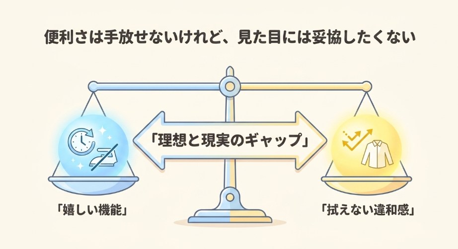 ポリエステルの嬉しい機能と拭えない違和感による、理想と現実のギャップを天秤にかけたイラスト