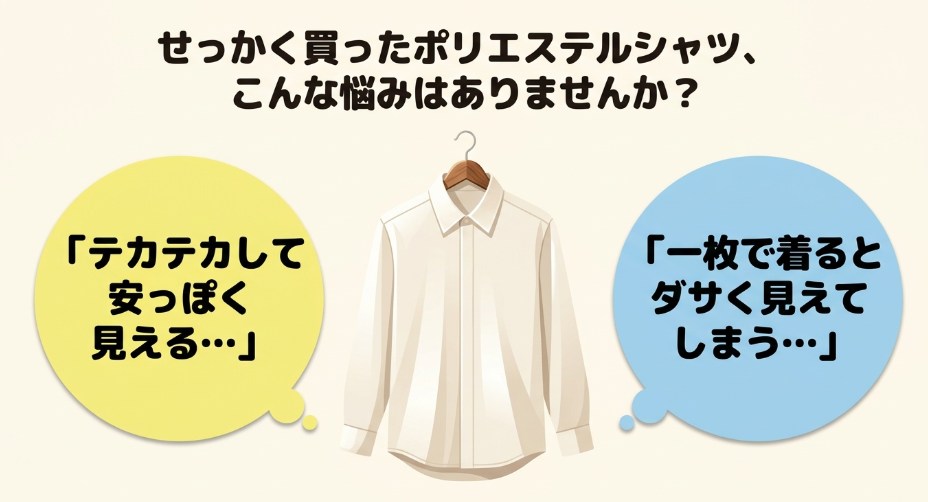 テカテカして安っぽく見える、一枚で着るとダサく見えてしまうというポリエステルシャツの悩み