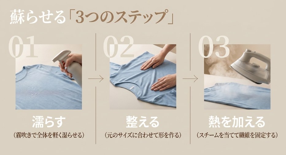 伸びたレーヨン服を直すための「濡らす」「整える」「熱を加える」の3ステップ
