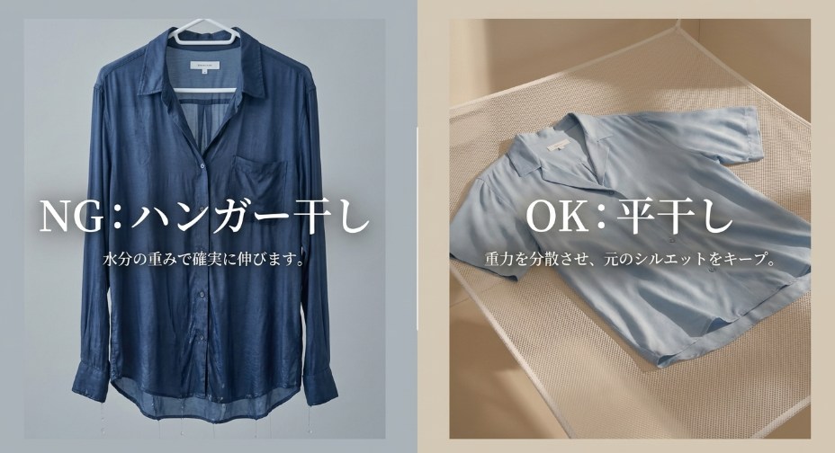 レーヨン服はハンガー干しがNGで平干しが正しいことを比較して解説