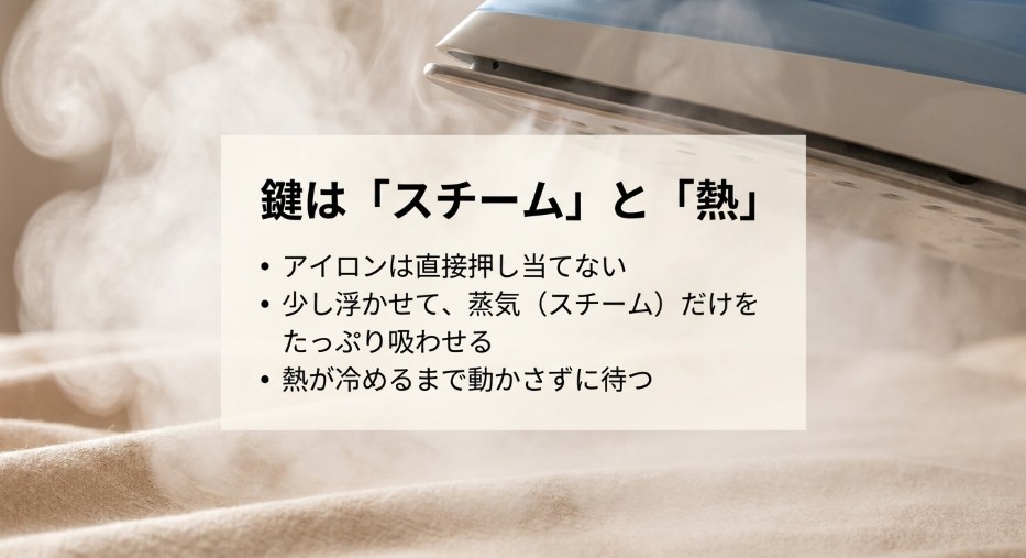 レーヨンを直す鍵となるスチームと熱の使い方（浮かせて蒸気を吸わせる）