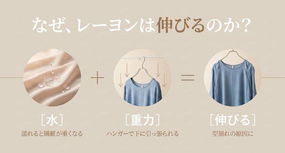 レーヨンが濡れることによる水分の重さとハンガーの重力で伸びる原因