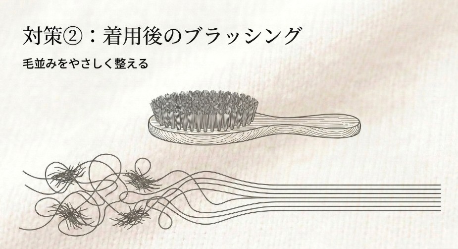 アクリルニットを着用した後に洋服ブラシで毛並みを整えるケア方法