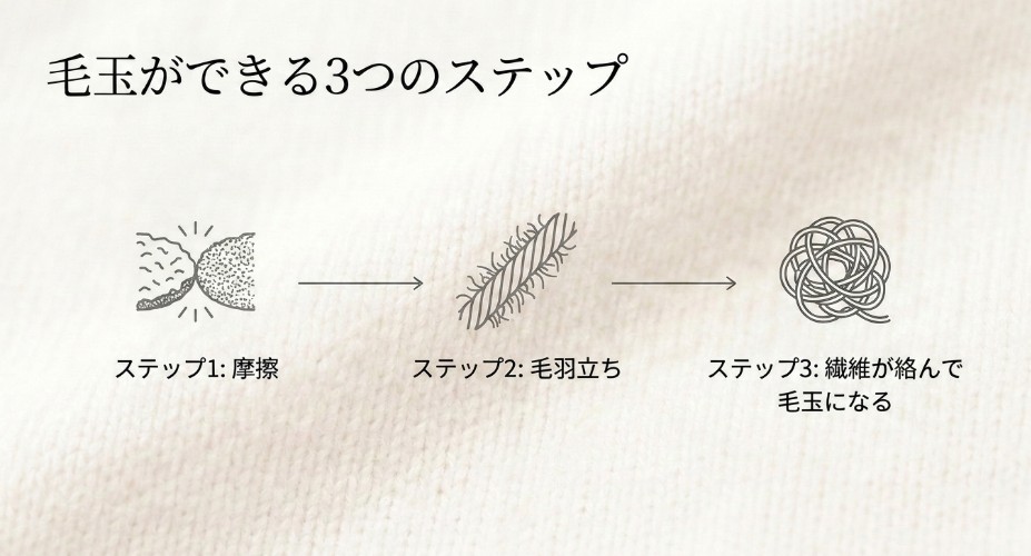衣類への摩擦から繊維が絡まり毛玉になるまでの仕組み