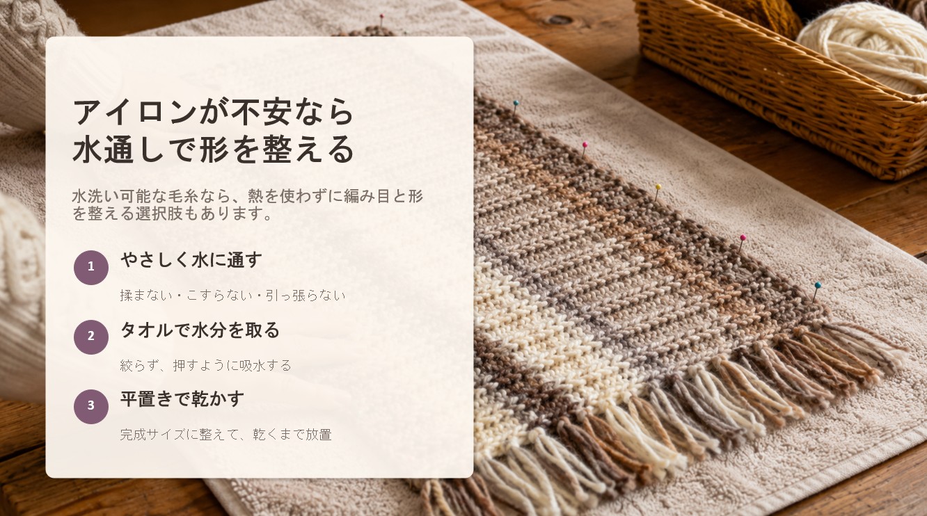 アクリル毛糸を水通しし、タオルで水分を取って平置き乾燥する仕上げ手順を示した図