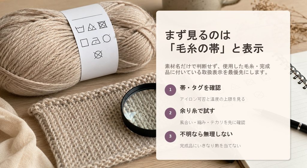 アクリル毛糸にアイロンをかける前に、毛糸の帯やタグを確認し、余り糸で試す手順を示した図