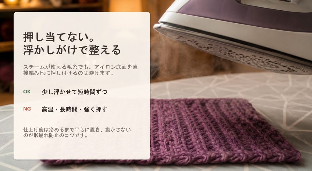 アクリル毛糸にアイロンを直接押し当てず、少し浮かせて短時間ずつスチームを当てる方法を示した図