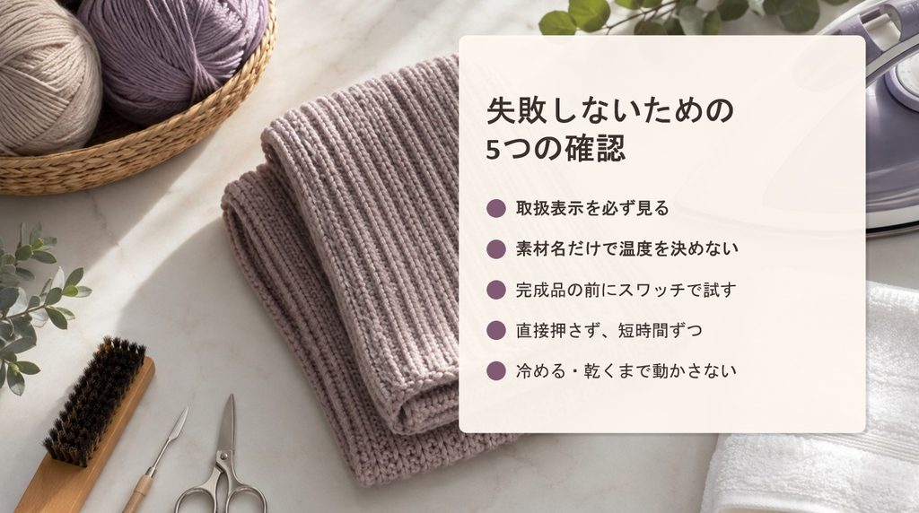 アクリル毛糸のアイロンで失敗しないための5つの確認事項。取扱表示、温度、スワッチ、浮かしがけ、冷却をまとめた図