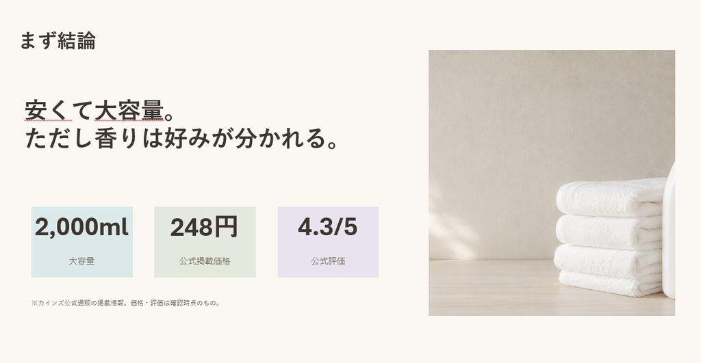 カインズ柔軟剤コットンの香りは2000ml・248円で公式評価4.3点、香りは好みが分かれることをまとめた画像