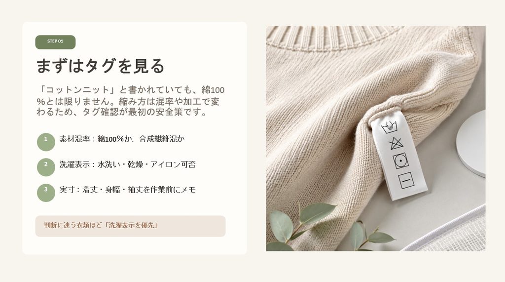 コットンニットを縮ませる前に素材・洗濯表示・実寸を確認する3つのポイント