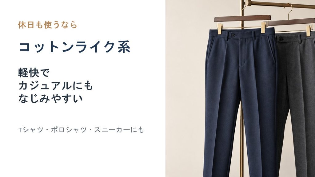 感動パンツのコットンライク系は軽快でTシャツやスニーカーにも合わせやすく仕事と休日に使いやすい