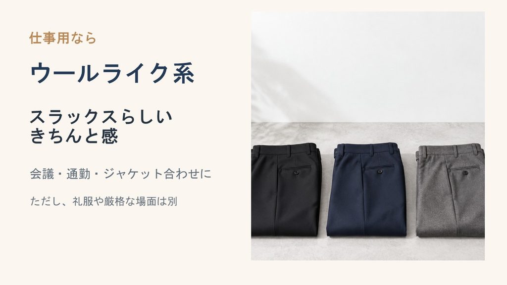 感動パンツのウールライク系はスラックスらしいきちんと感があり仕事用に選びやすい